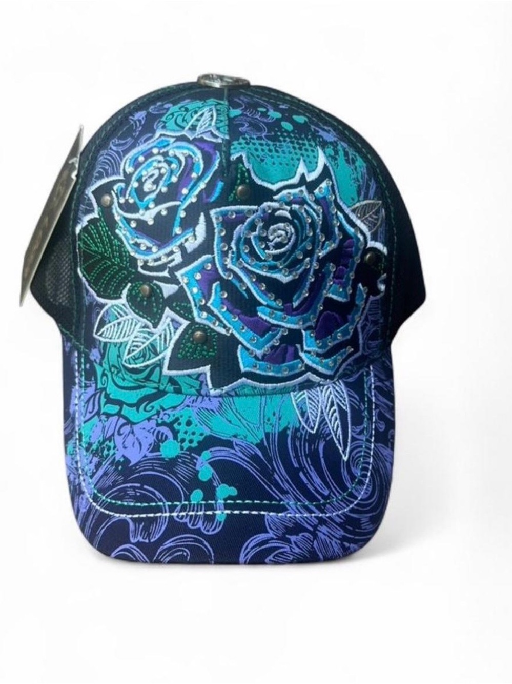 Y2K Rhinestone Rose Trucker Hat McBling Bedazzled Mesh Unisex Adjustable NWT Cap